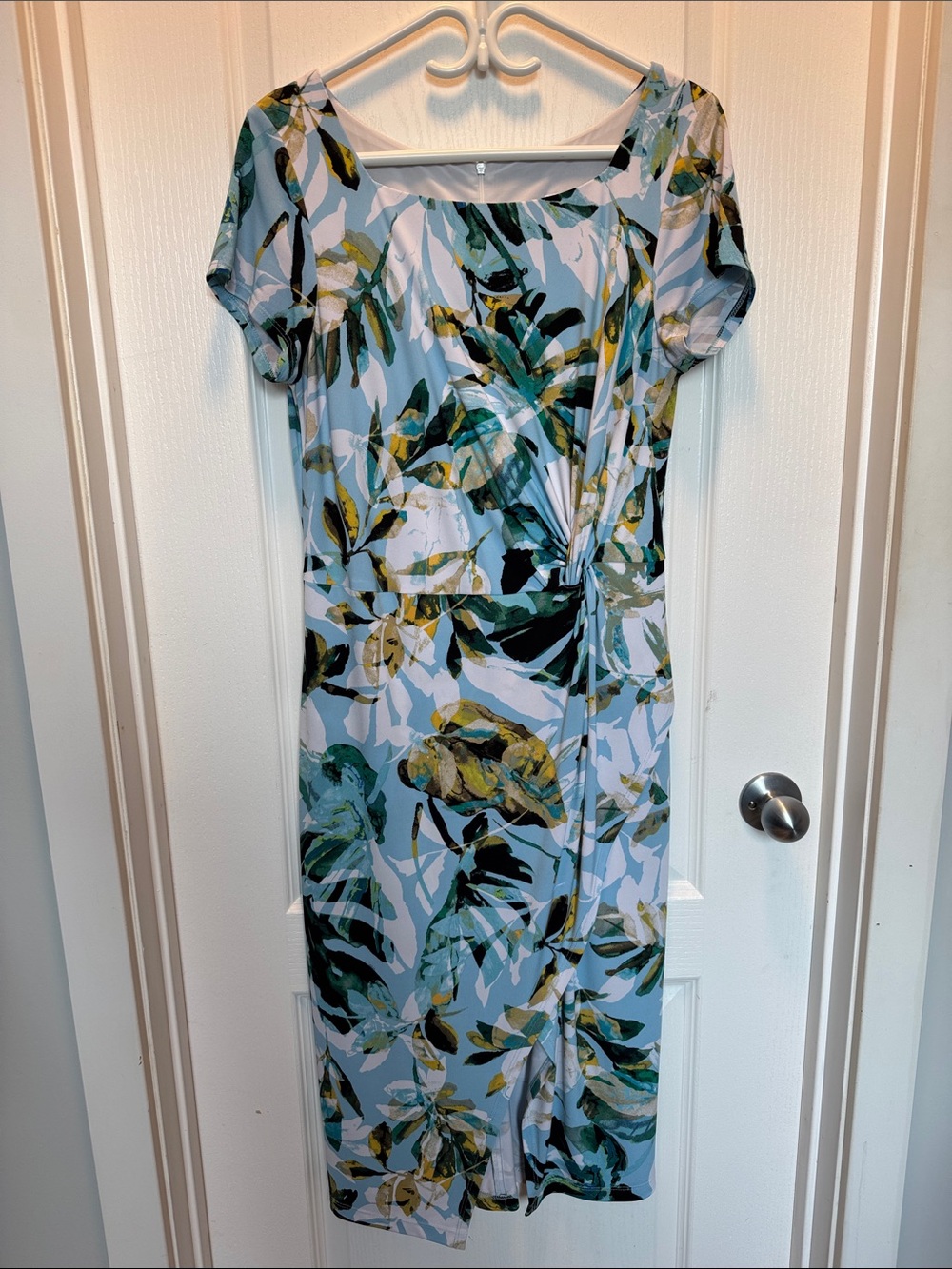 Joseph Ribkoff Light Blue Floral Midi Dress with Green & Yellow Leaves